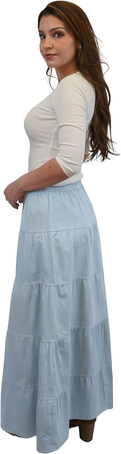 Baby'O Women's Ankle Length Tiered Long Denim Prairie Skirt