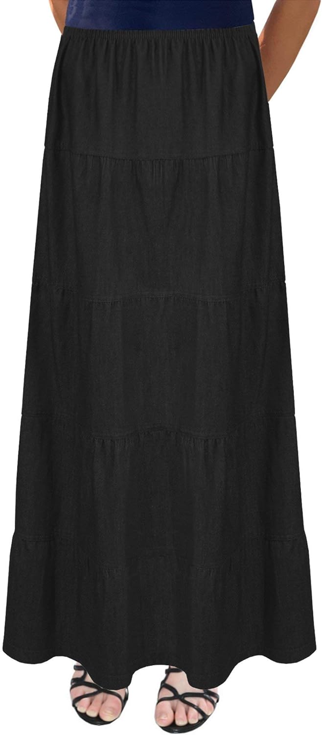Baby'O Women's Ankle Length Tiered Long Denim Prairie Skirt